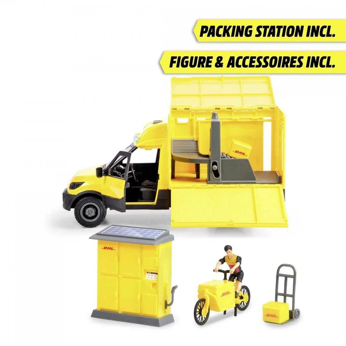 203747020 Dickie DHL Delivery Set freewheel Delivery vehicle packaging statio görsel 2