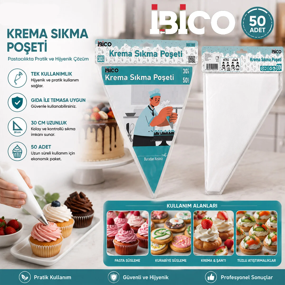 Naylon 30CM 50PCS Krema Sıkma Poşeti Torbası görsel 3