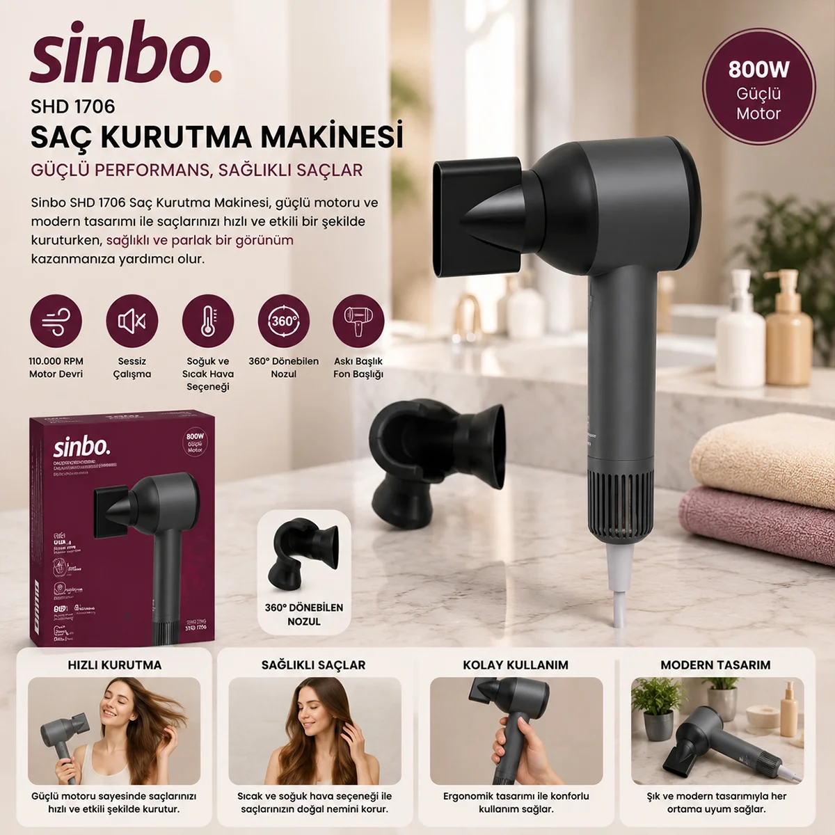 Saç Kurutma Makinesi - 110.000 RPM, Sessiz, 3 Hız 3 Sıcaklık görsel 2