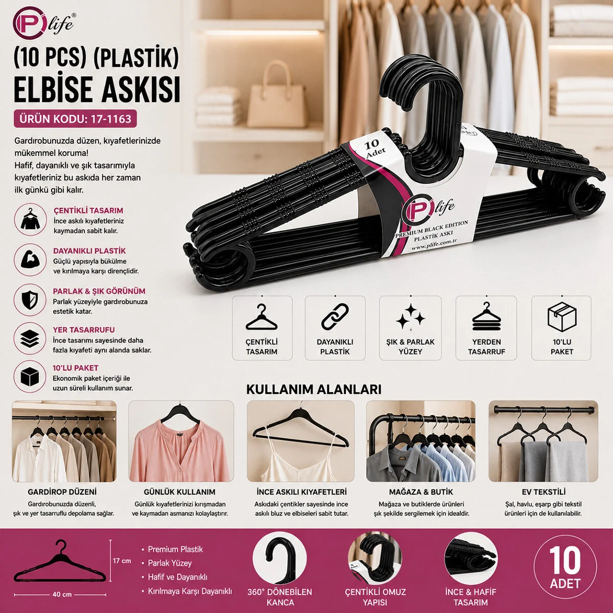 240 Adet Siyah Elbise Askısı Plastik 24X10PCS görsel 2