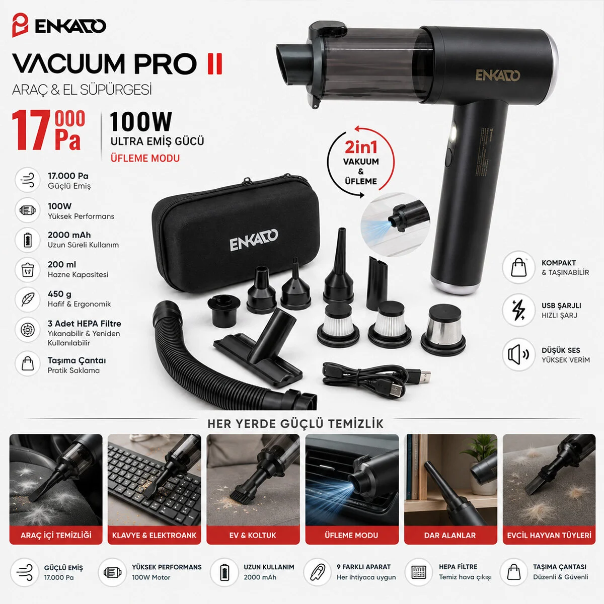 Oto Araç - 2IN1 Şarjlı 100W - 17000PA 9 Başlık - 3 Filtre El Tipi Basınçlı Hava Üfleme - Araç Süpürge Makinesi Taşıma Çantalı EKD-SP10 görsel 2