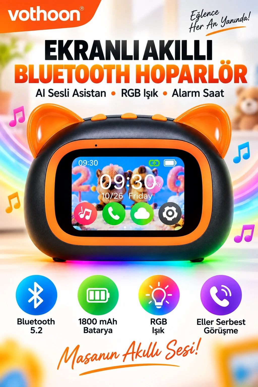 TF39 PRO Yapay Zekalı Bluetooth Hoparlör – Renkli Ekran, RGB Işık, Alarm ve Saat