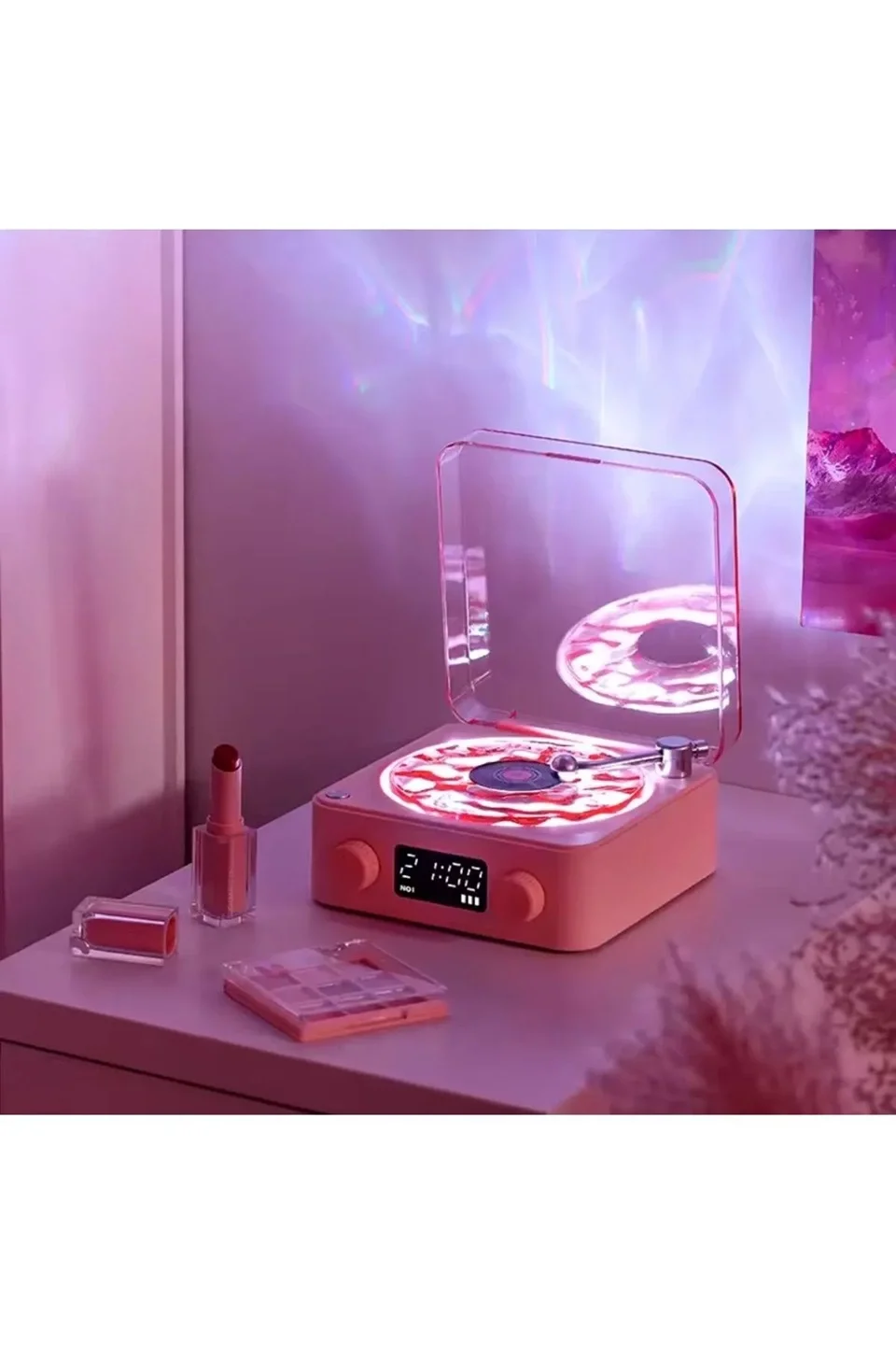 Waves Nostalji Plak Görünümlü Bluetooth Hoparlör 3d Ses Dalgası Retro Müzik Plak Pembe görsel 3