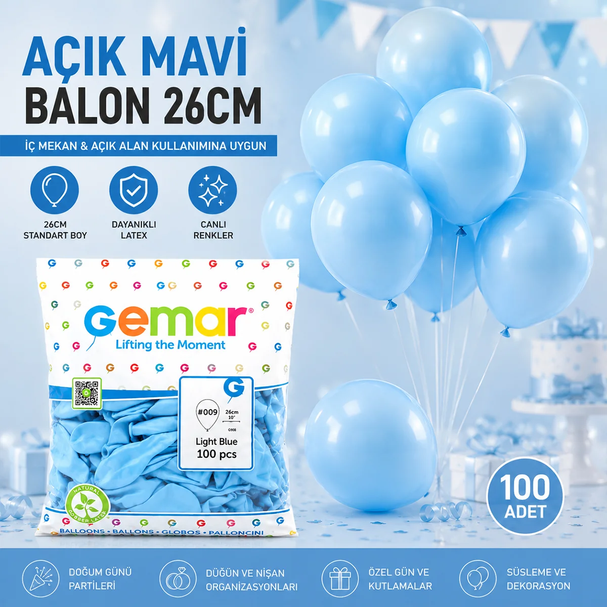 Açık Mavi 10 İnç (26 cm) Latex Balon - 100 Adet görsel 3