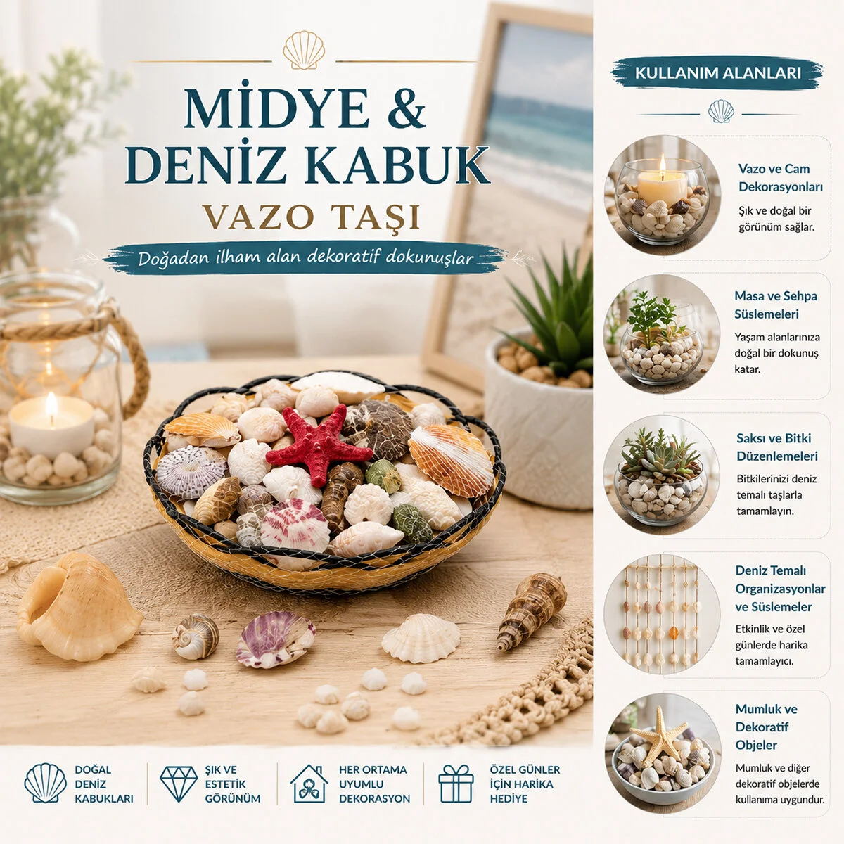 Ahşap Yuvarlak Sepet - Fileli Renkli x dye - Deniz Kabuk Vazo Taşı