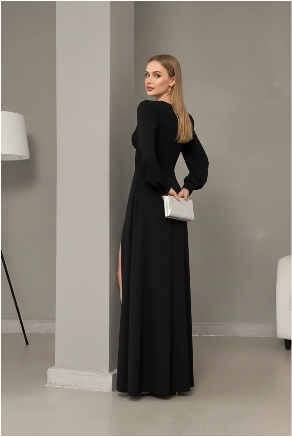Kadın Uzun Kollu Çift Yırtmaçlı Abiye Elbise