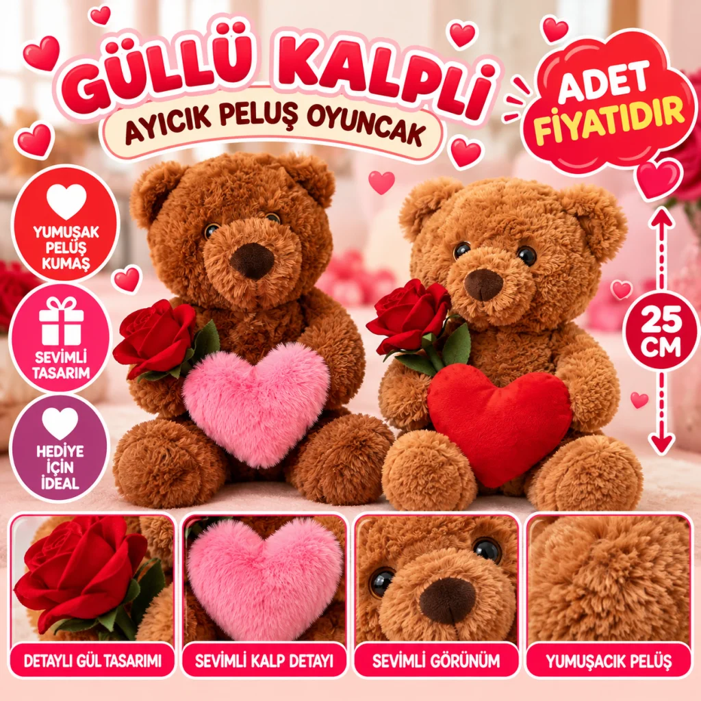 25 Cm Güllü Kalpli Ayıcık Peluş Oyuncak