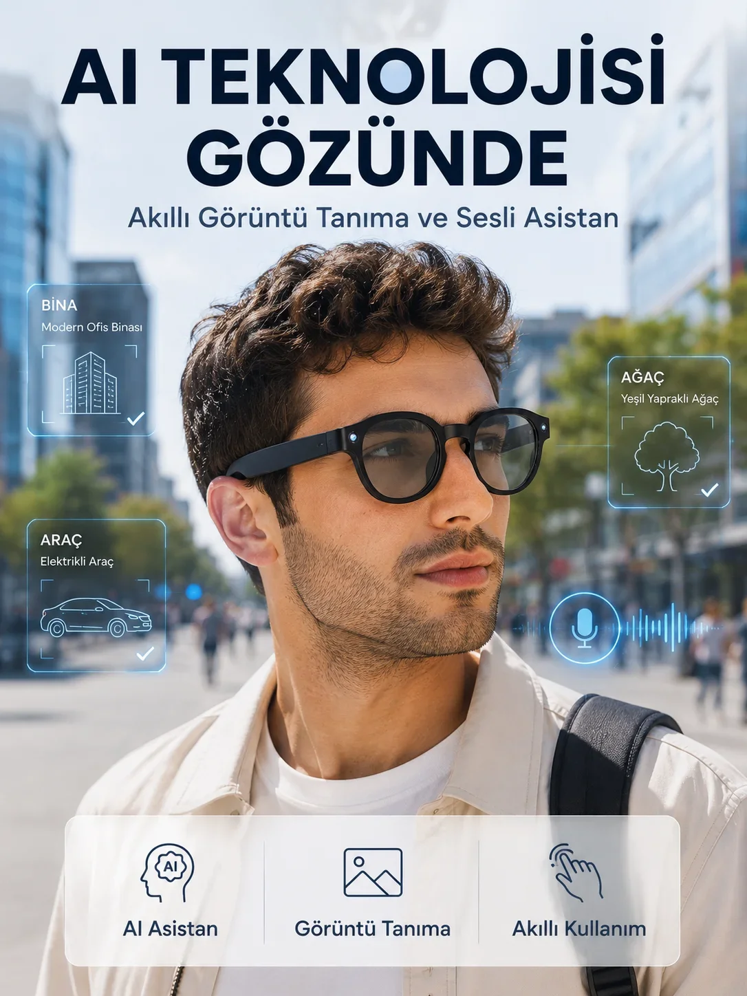 Siyah 3 Lensli Akıllı Kamera Gözlüğü Bluetooth Görüşme Müzik Kontrolü AI Sesli Asistan ve Görüntü Tanıma