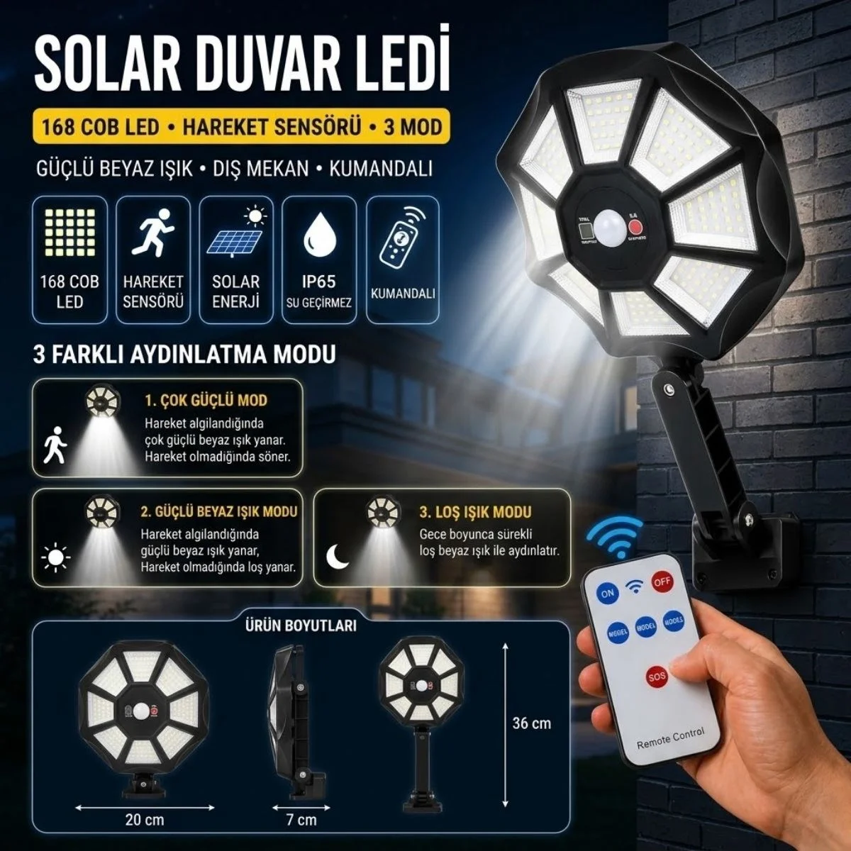 168B Solar LED Büyük Dış Mekân Lambası, Hareket Sensörlü, Kumandalı, 3 Modlu Ultra Parlak COB Işık, Su Geçirmez Kablosuz Duvar Apliği görsel 4