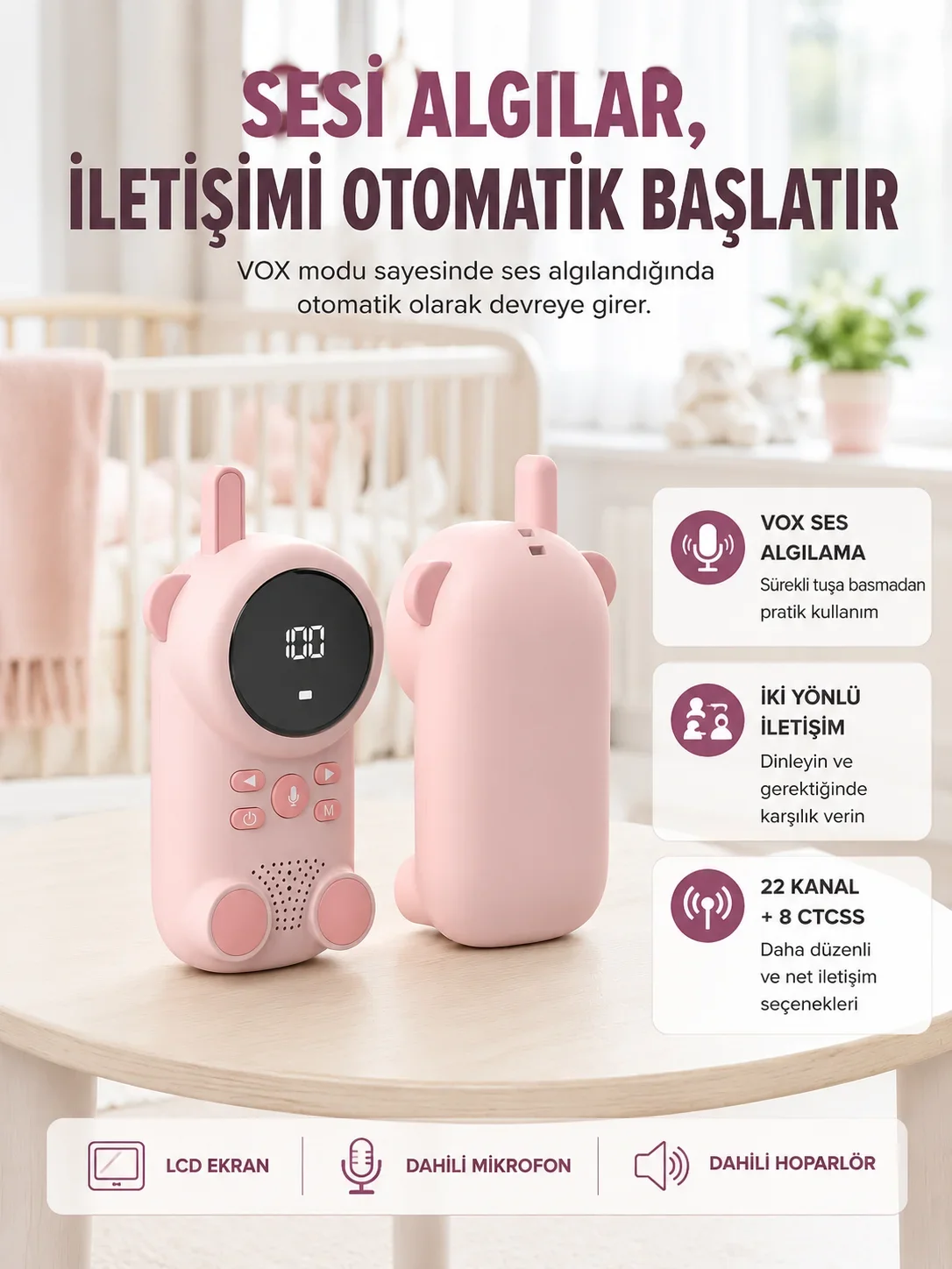 Uzun Menzilli Bebek Telsizi 1-3 Km Çekim 22 K LCD Ekran VOX Şarjlı