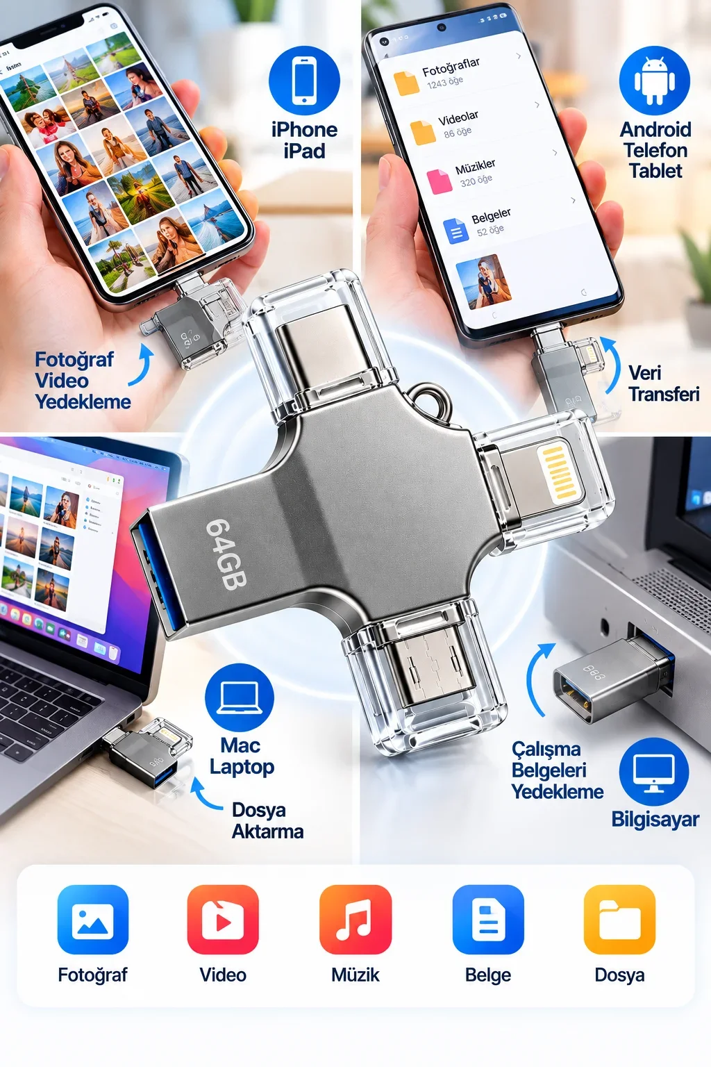 Kompakt ve Taşınabilir Tasarıma Sahip 64GB Lightning Type C USB MicroUSB Çoklu Kullanımlı Flash Bellek