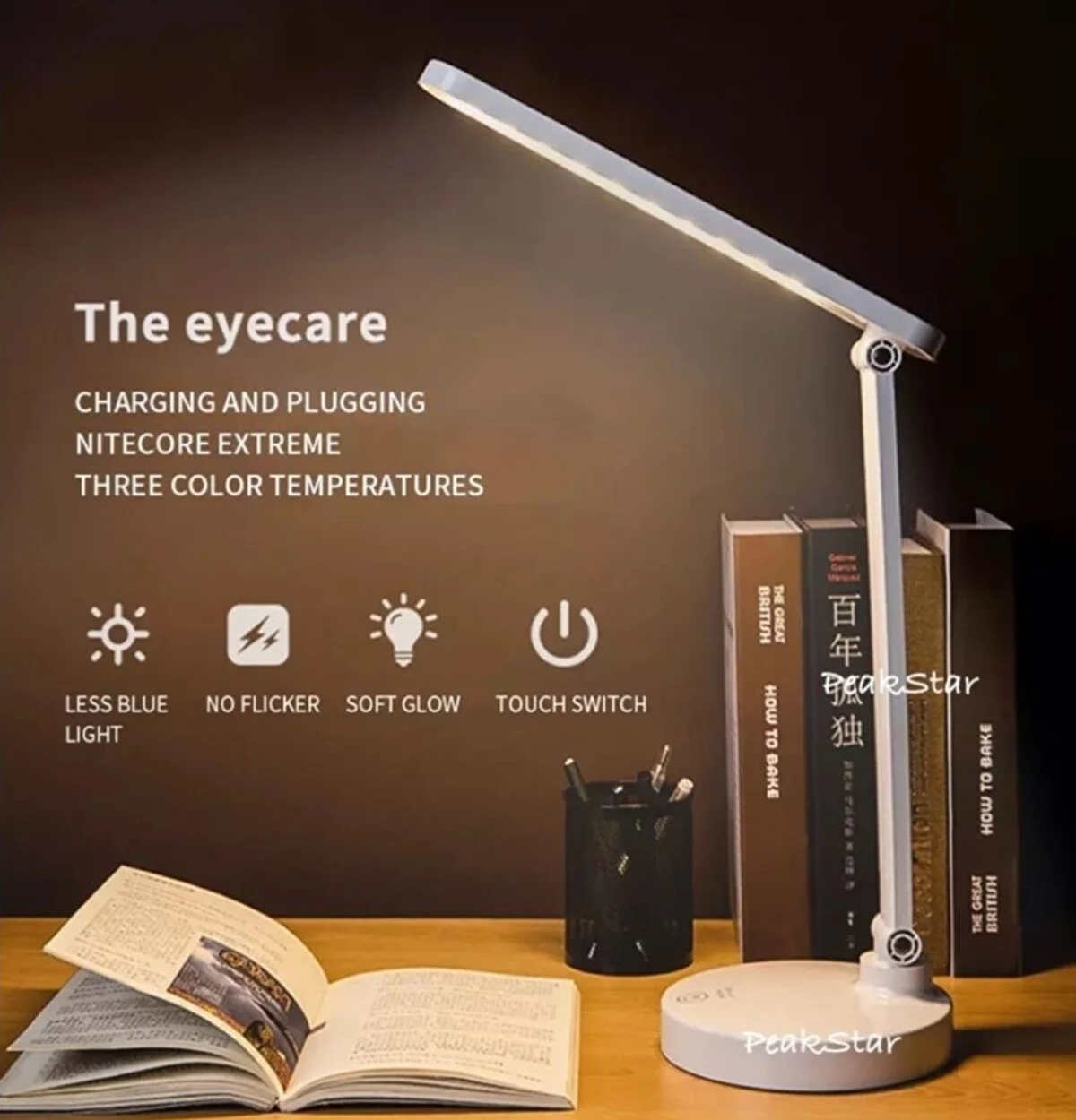 PS-1912 Şarjlı Dokunmatik LED Masa Lambası – 3 Renk Tonlu, Ayarlanabilir Parlaklık, USB Kablolu