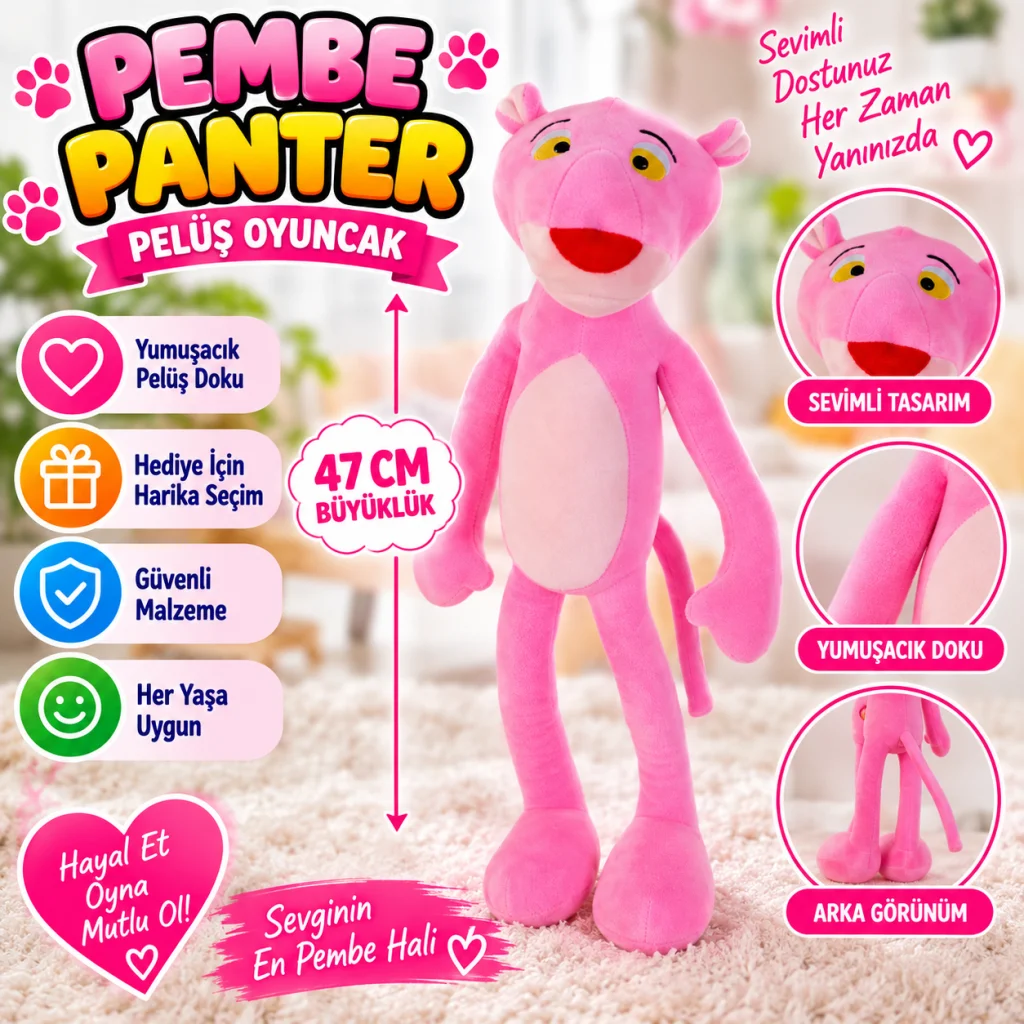 Pembe Panter Peluş Oyuncak 47 cm (adet fiyatıdır) görsel 3