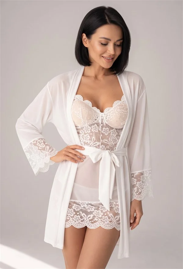 Beyaz Fransız Çiçek Dantelli Tül Kuşaklı Sabahlıklı Mini Babydoll Gecelik Takımı – 2'li Çeyiz Seti görsel 2
