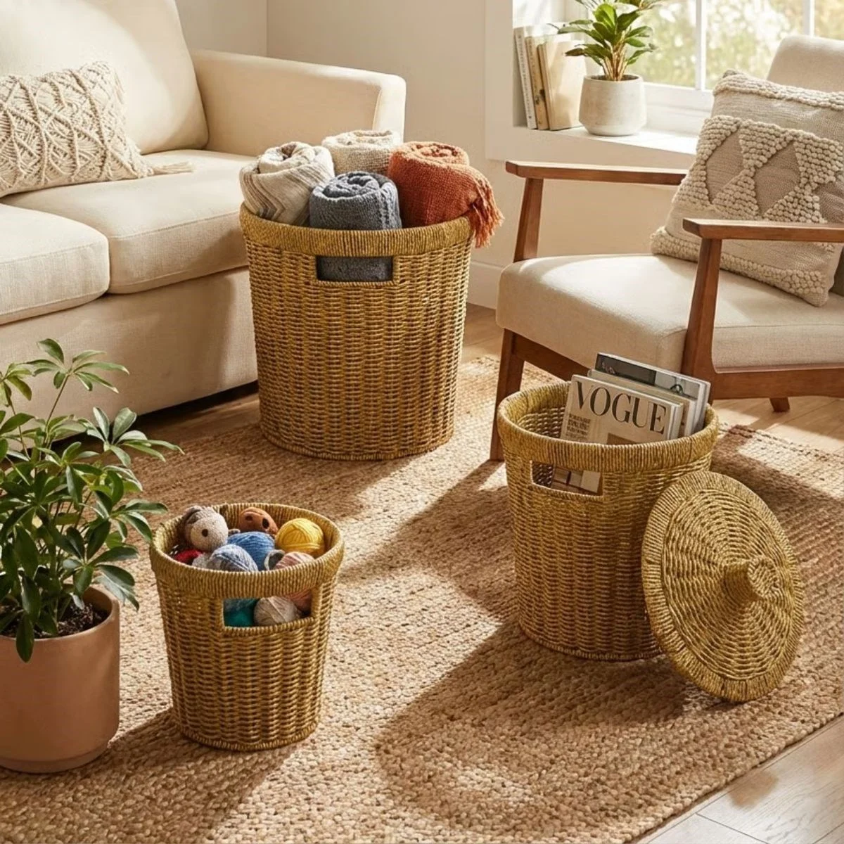 3’lü İç İçe Geçebilen Büyük Plastik Rattan Hasır Sepet Seti-Dayanıklı Çok Amaçlı Ev,Banyo ve Mutfak Düzenleyici görsel 3