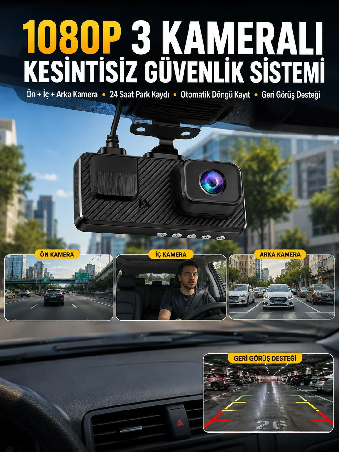 3 Kameralı Araç İçi DVR Kayıt Cihazı Ön İç Arka Kamera Full HD