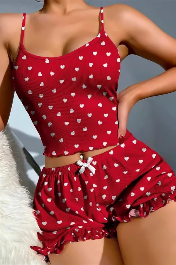 Pamuklu Kırmızı Üstüne Beyaz Kalp Desen Fitilli Askılı Şortlu Pijama Takımı görsel 2