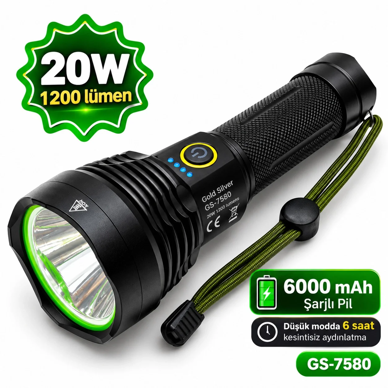 GS-7580 20 Watt 1200 Lümen Süper LED Profesyonel Şarjlı El Feneri görsel 2