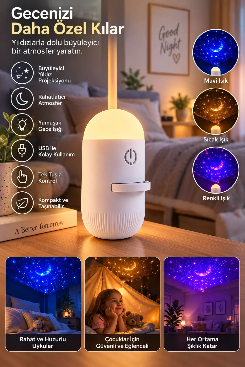 Romantik Atmosfer İçin Ay Yıldız Projeksiyonlu Gece Lambası görsel 3