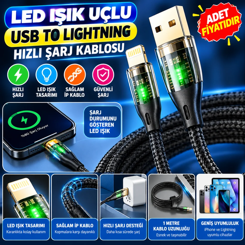 Led Işık Uçlu Sağlam İp Kablolu USB to Lightning Hızlı Şarj Kablosu