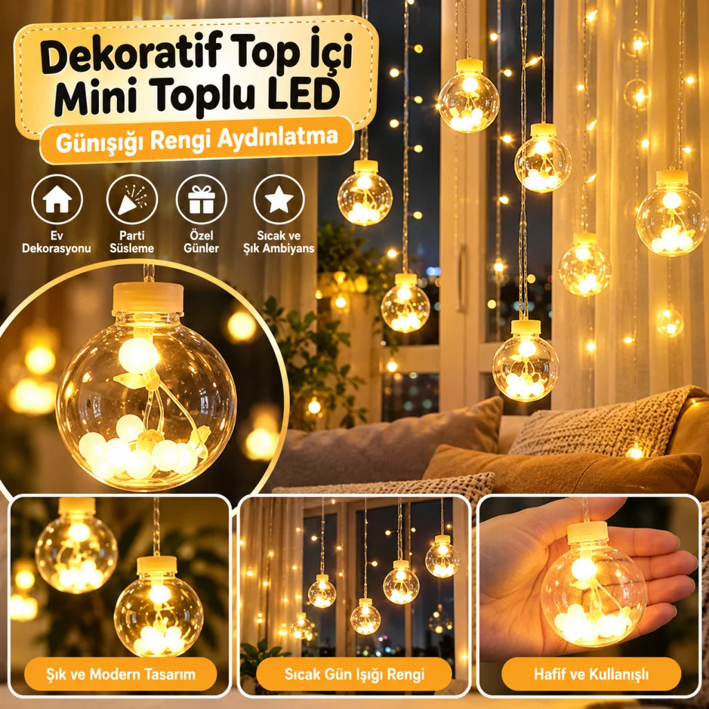 10 Sarkıtlı Kumandalı Dekoratif Top İçi Mini Toplu LED Günışığı Rengi Dekoratif Aydınlatma