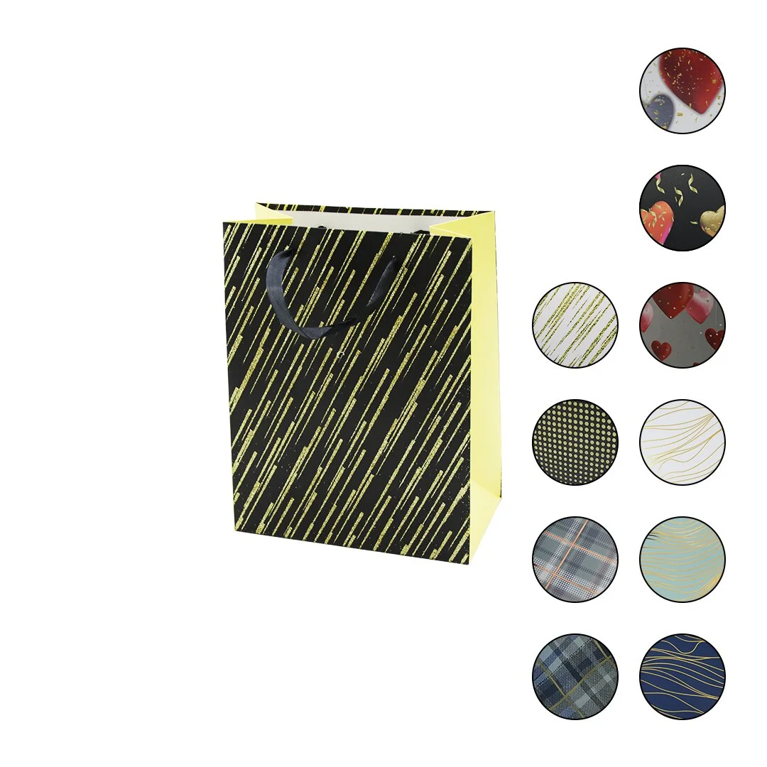 12 Adet KÜÇÜK=18 X 23X 10CM Hediyelik Karton Çanta Renkli Desenli Simli - Simsiz Kurdela - İp Kulp