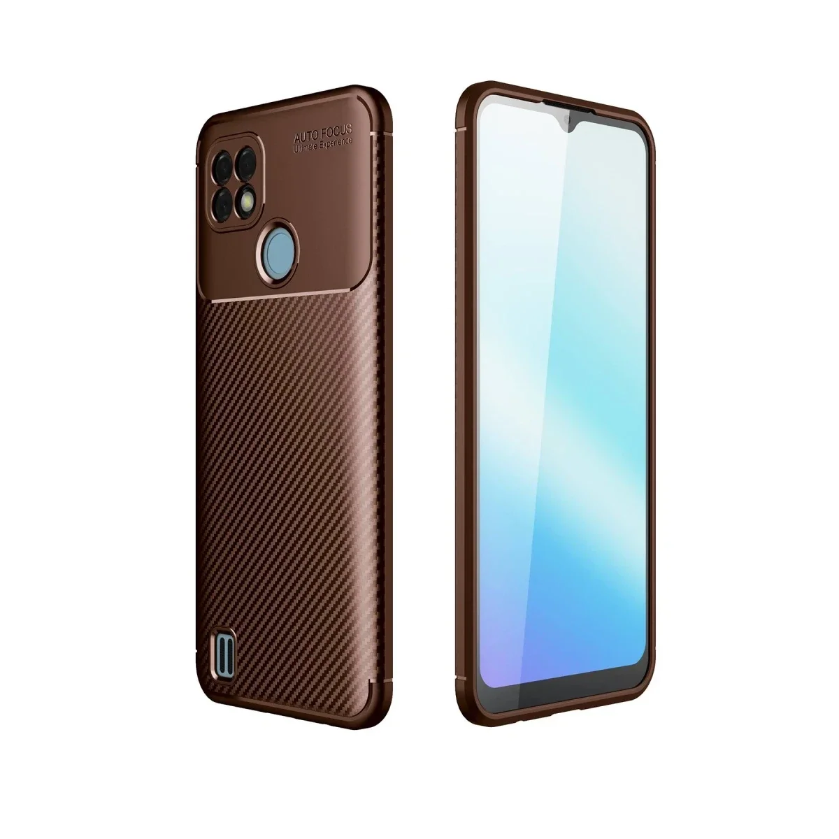 Realme C21 Kılıf Auto Focus Karbon Kapak - Kahverengi