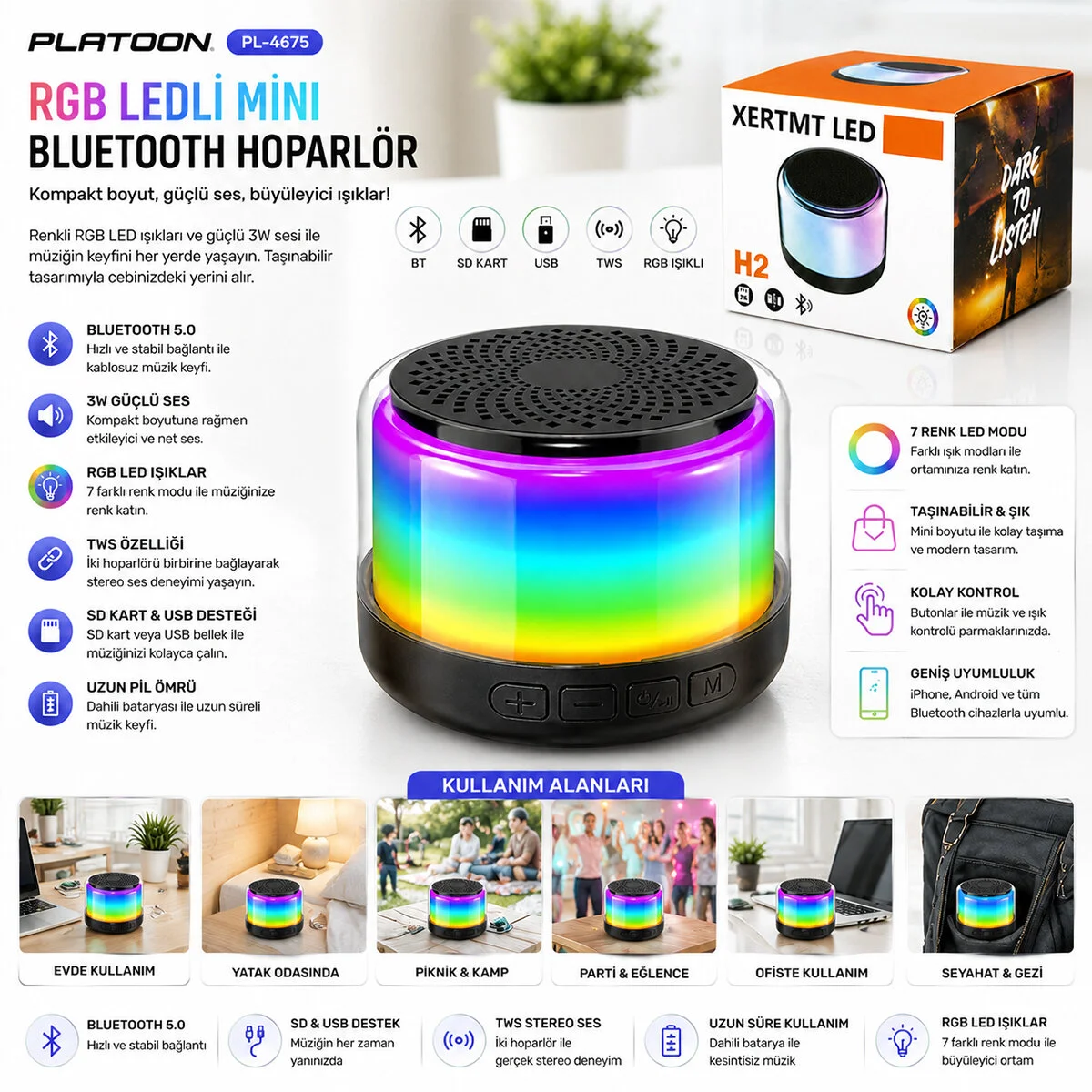 Bt - Sd - Usb Şarjlı Rgb Işıklı Bluetooth Wireless Speaker Hoparlör 3W PL-4675 görsel 2