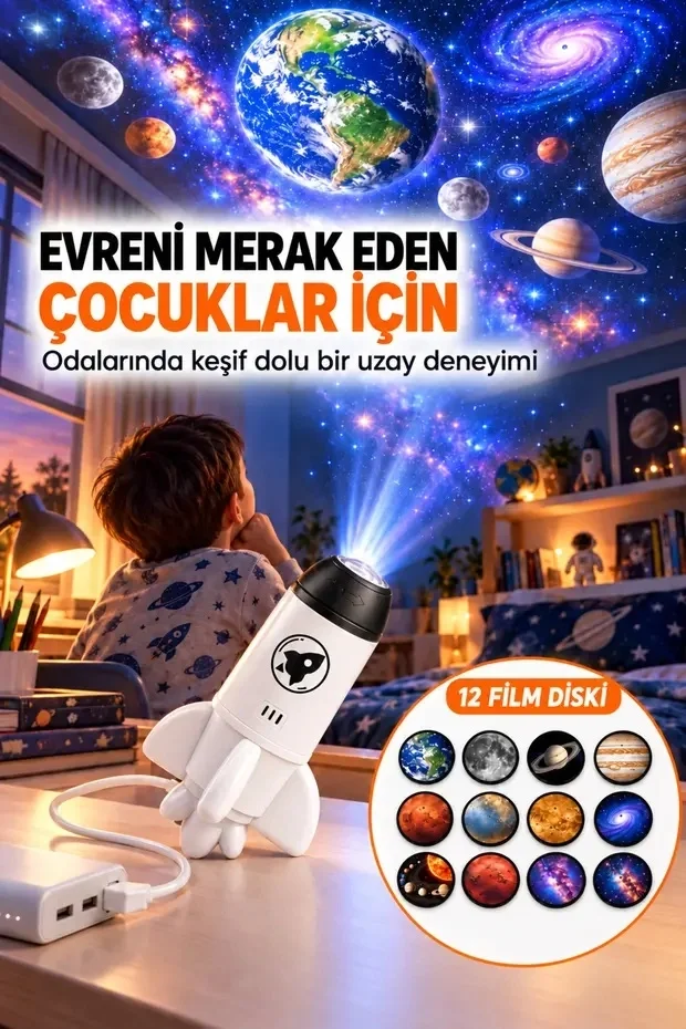 12 Film Diskli Roket Galaksi Projektörü USB Tak Çalıştır Uzay ve Gezegen Projeksiyon Gece Lambası görsel 4