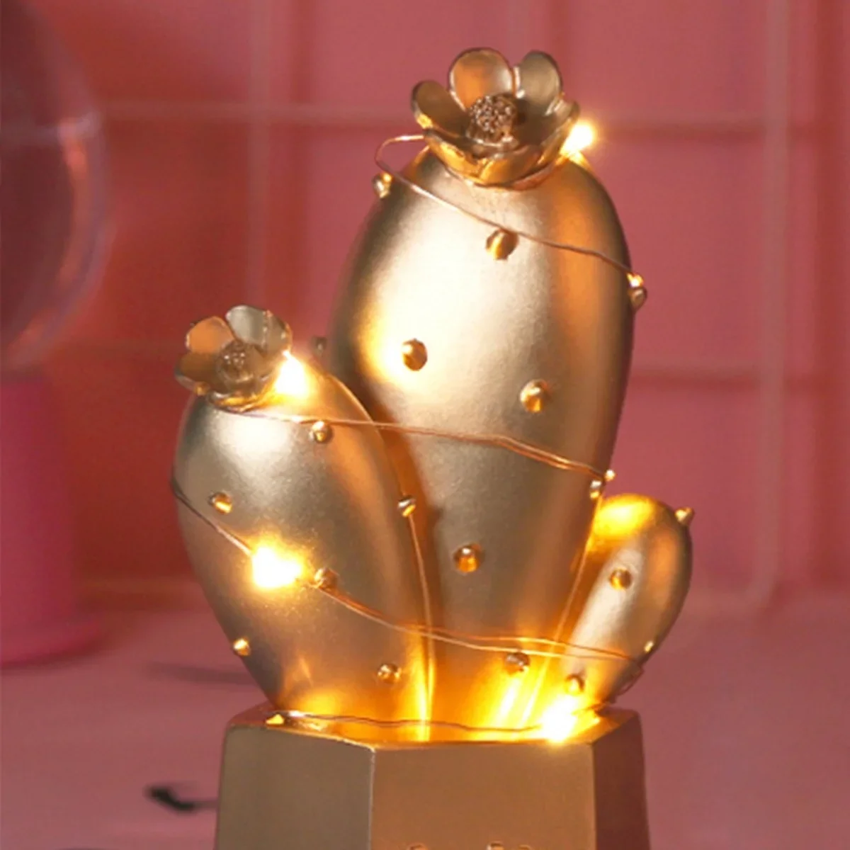 Led Işıklı Sevimli Kaktüs Dekoratif Masa Lambası ni Biblo Gece Lambası Gold görsel 2