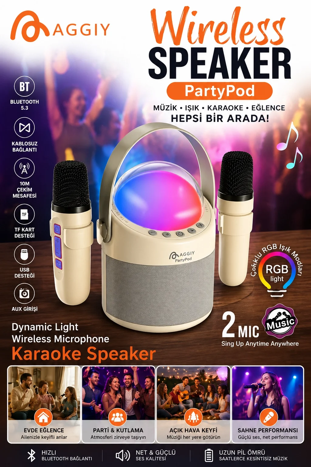 PartyPod Bluetooth 5.3 Destekli Çok Fonksiyonlu Kablosuz Mikrofon Ve Hoparlör