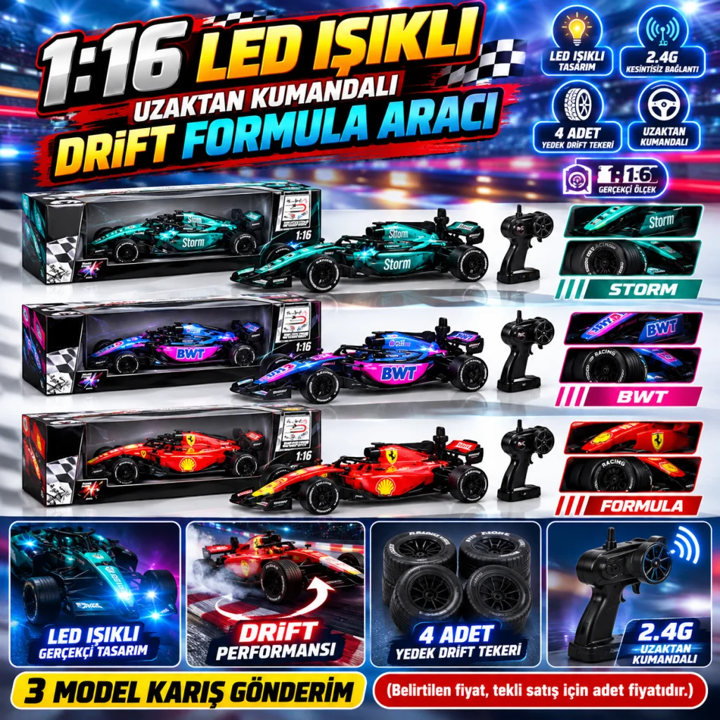 L2501-3 1 16 LED IŞIKLI 4 ADET YEDEK DRİFT TEKERLİ 3 MODEL KARIŞ FORMULA ARACI(Belirtilen fiyat, tekli satış için adet fiyatıdır.)