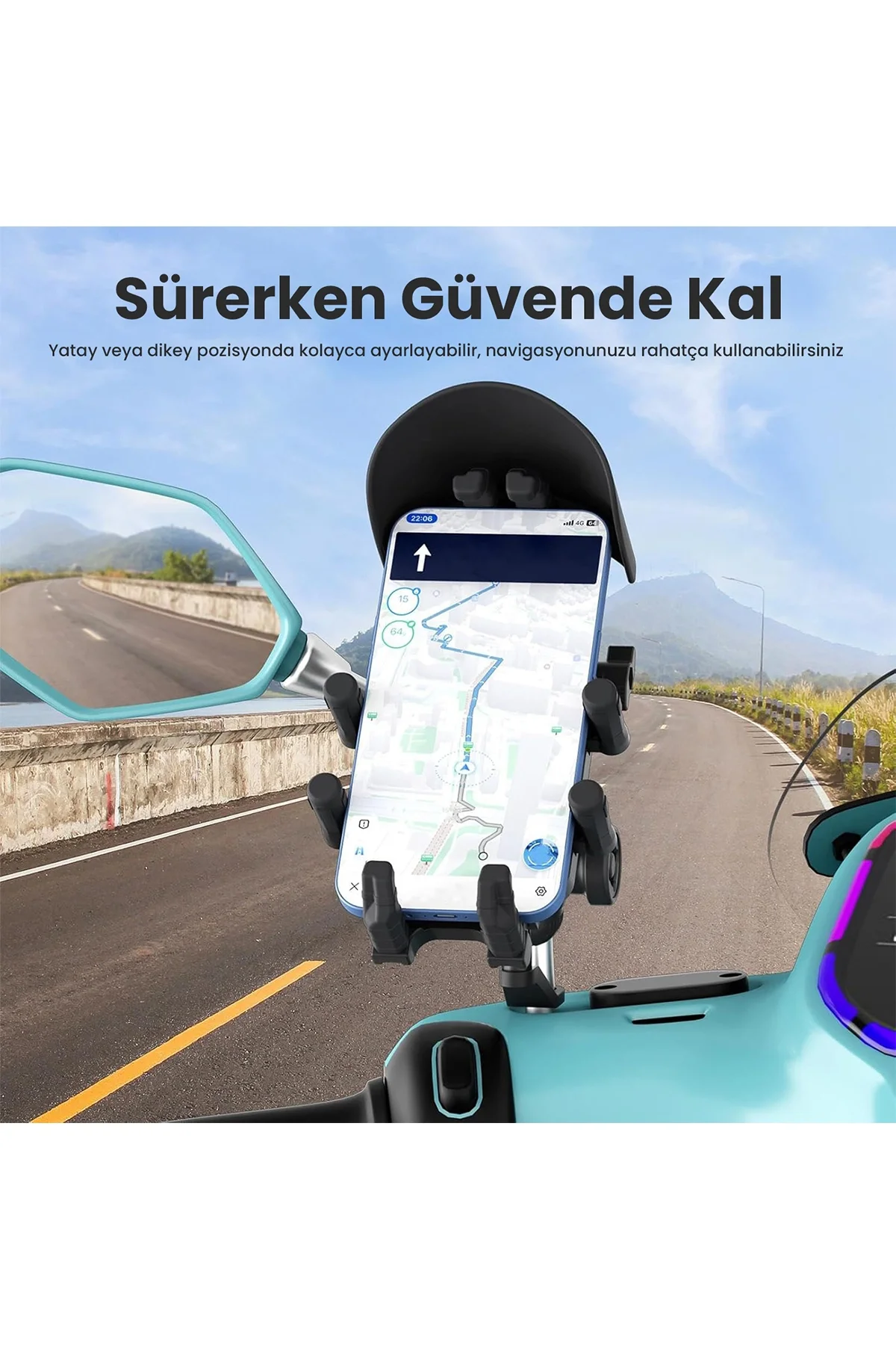 Ayna Bağlantılı Güneş ve Yağmur Korumalı 360° Derece Ayarlanabilir Motosiklet Telefon Tutucu görsel 5