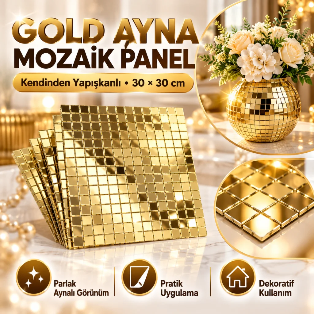 Kare Gold Cam Mozaik Fayans Çıkartmaları El İşi Kare Cam Fayans Kendinden Yapışkanlı Aynalı Dekor Panel 30x30 Cm