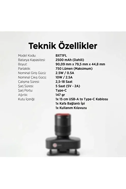 BXT1FL 10W Şarj Edilebilir Kafa Feneri 750 Lümen 2500mAh 4 Işık Modlu Zoom Özellikli LED Kafa görsel 7