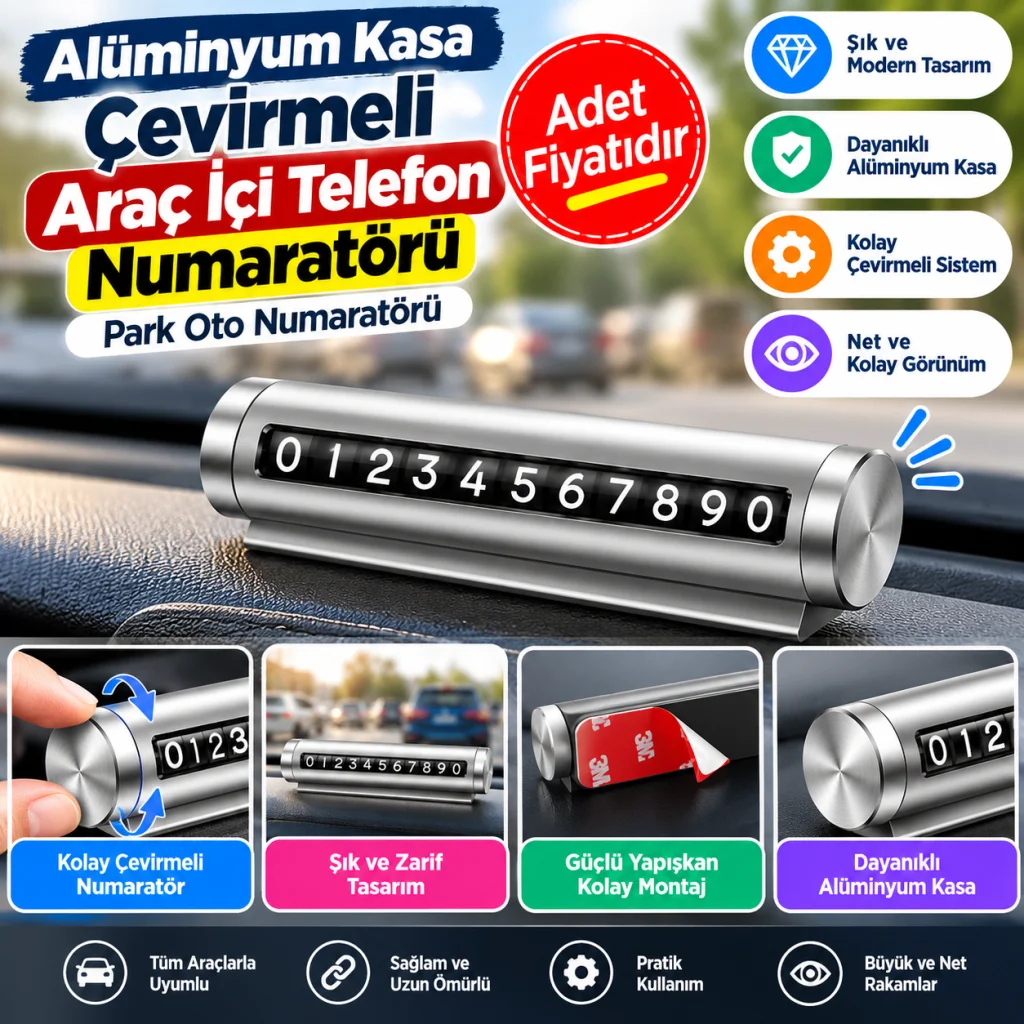 Alüminyum Kasa Gri Renk Çevirmeli Araç Içi Telefon Numaratörü Park Oto Numaratörü (adet fiyatıdır)