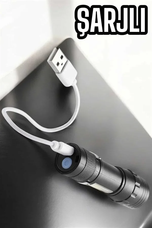 Şarjlı Metal Zoomlu El Feneri Işıldak Led Işık Taşınabilir El Lambası görsel 4