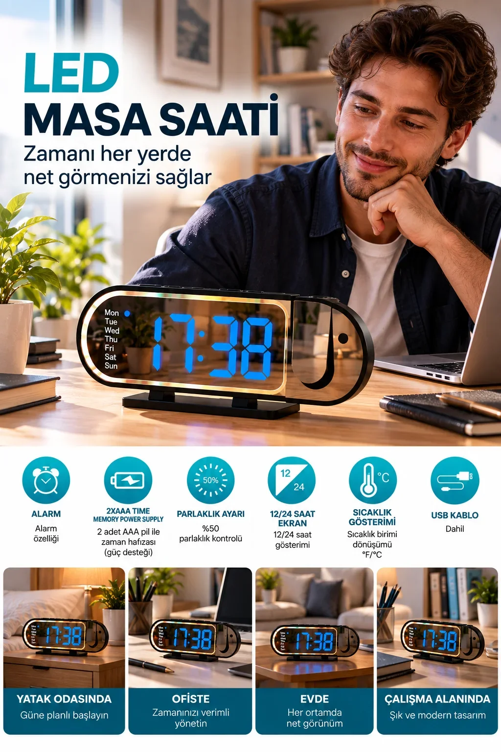 Modern Dijital LED Masa Saati Alarm Özellikli 12 24 Saat Seçenekli Sıcaklık Göstergeli Ekran