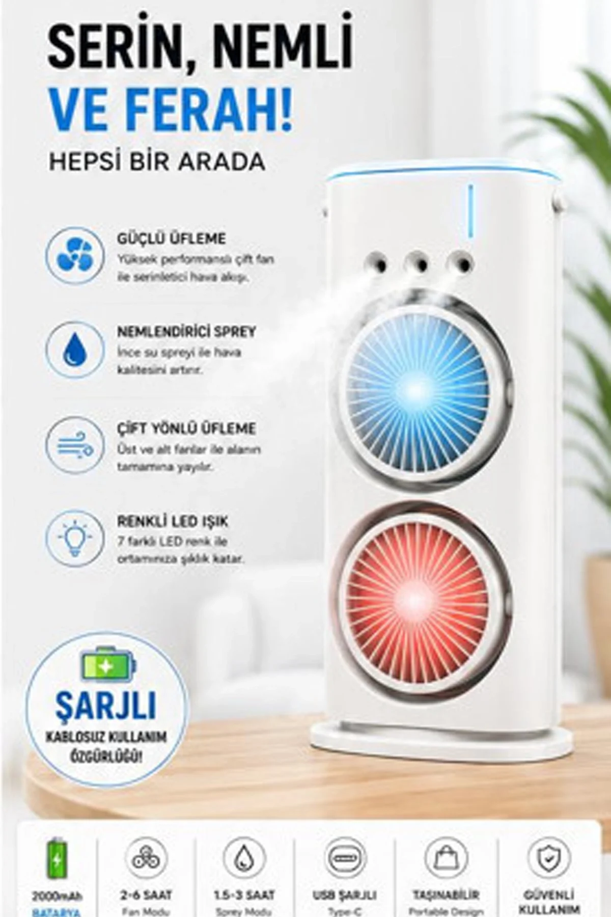 Vothoon Çift Başlıklı Sprey Fan Nemlendirici ve Renkli LED Işıklı beyaz görsel 3