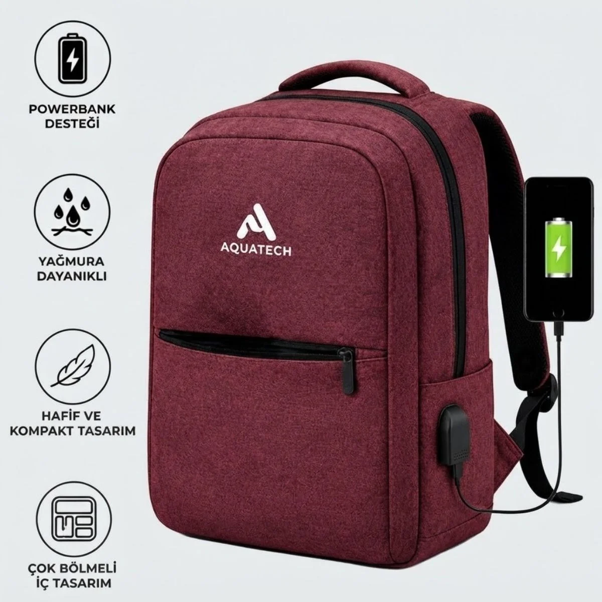 Bordo Laptop Sırt Çantası, Bilgisayar Korumalı İç Bölmeli Notebook Çantası, Organizer Cepli ve USB Şarj Portlu