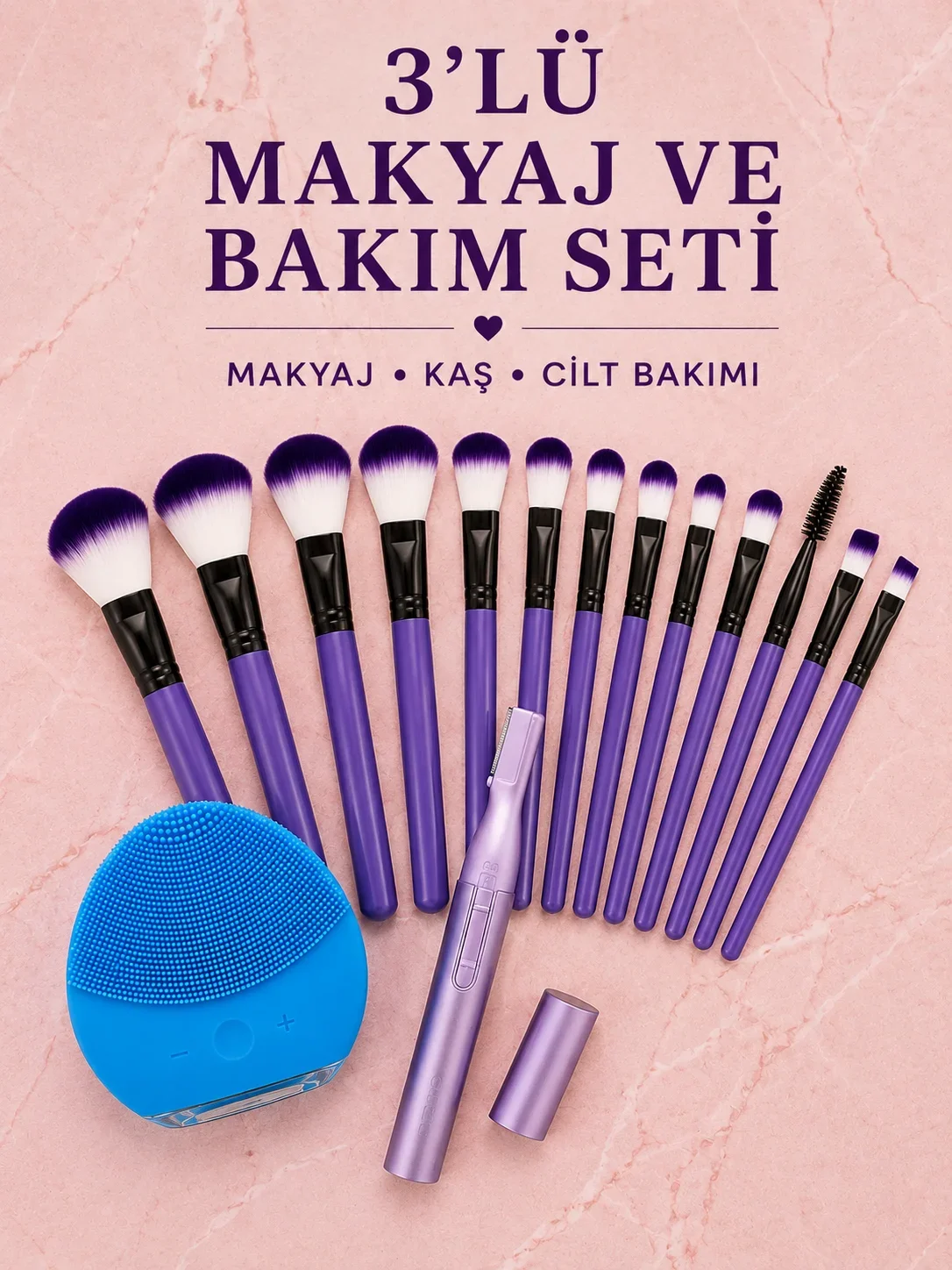 3’lü Makyaj ve Cilt Bakım Seti 12 Parça Makyaj Fırçası Kaş Alma Düzeltme ve Silikon Yüz Tezleme Cihazı
