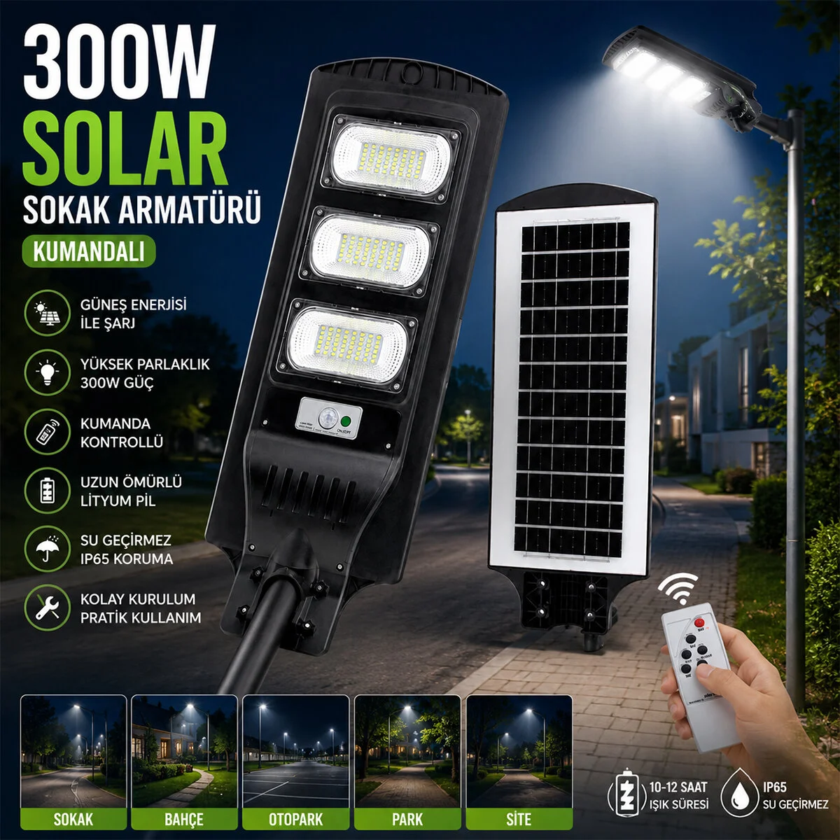 300W - 6500K Solar - Güneş Enerjili Sokak Lambası - Armatür Sensörlü Bahçe-balkon-sokak ARS-348966 görsel 4