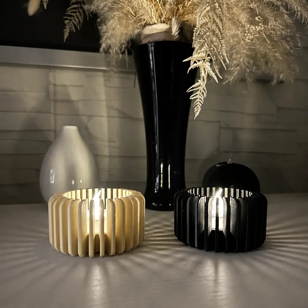 3D Baskı Modern Çizgili Mumluk - Tealight Mumluk (1 Adet)-Bej görsel 2