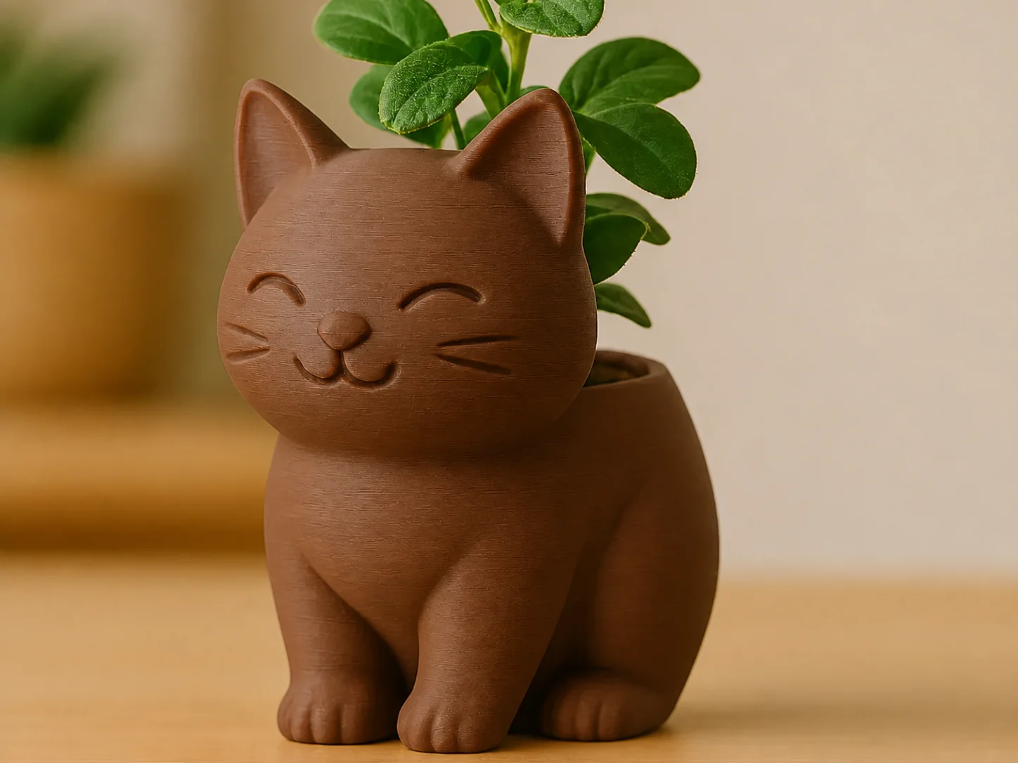 3D Baskı Sevimli Kedi Saksı - Figürlü Sukulent Saksısı-Kahverengi