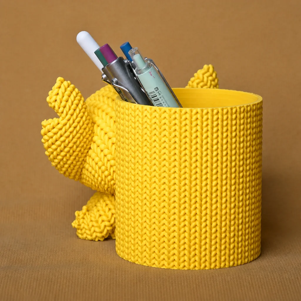 3D Baskı Knitted Kalemlik - Sevimli Karakterli Masaüstü Kalem Organizeri-Sarı görsel 2