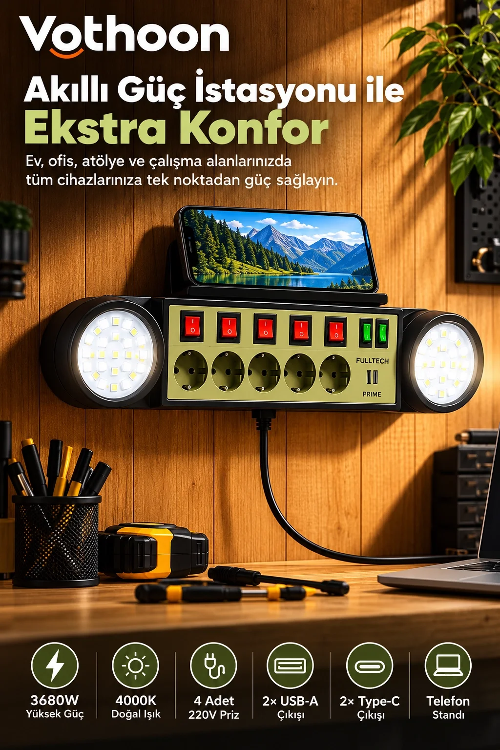 Akıllı Masaüstü Duvar Tipi Akım Korumalı 5’li Priz 3680W LED Işıklı USB-A Type-C Telefon Standlı görsel 3