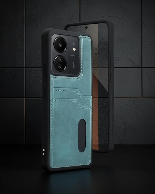Xiaomi Redmi 13c Kılıf Sara Kartvizitli Deri Kılıf - Koyu Yeşil