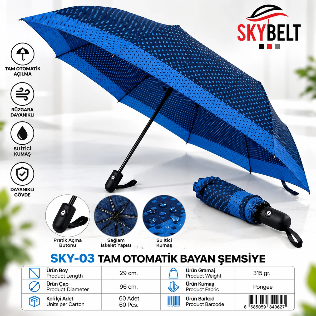 Tam Otomatik Bayan Şemsiye 8 Telli Renkli Desenli görsel 2