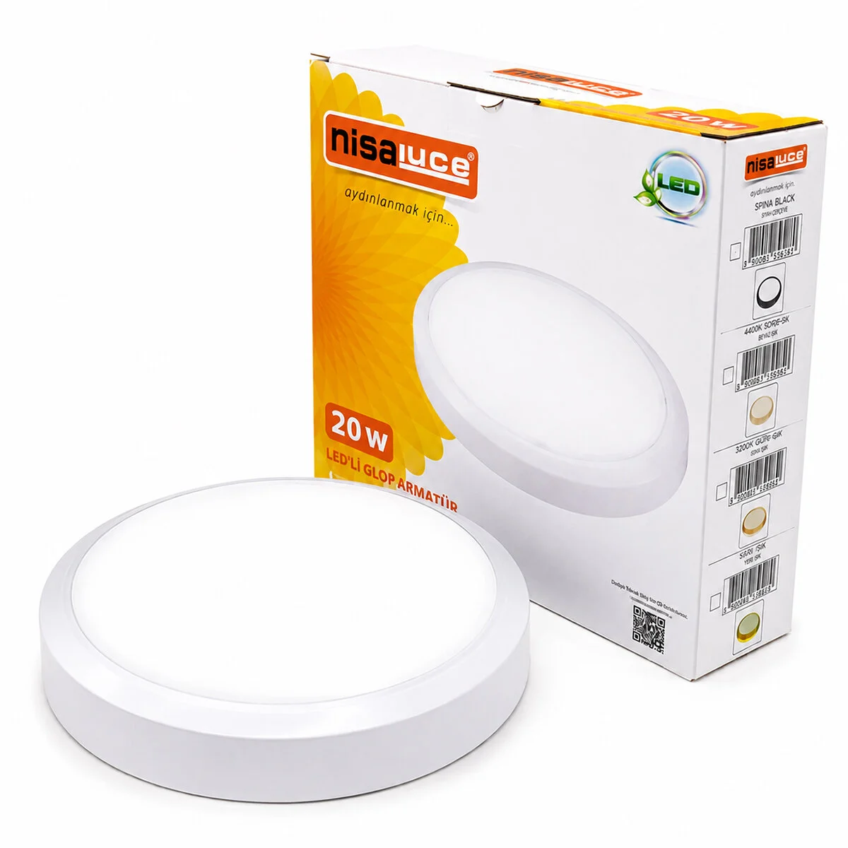 20W BEYAZ METAL KASA SIVA ÜSTÜ YUVARLAK LEDLİ GLOP ARMATÜR IP20 6500K - 1800Lm E1212/B