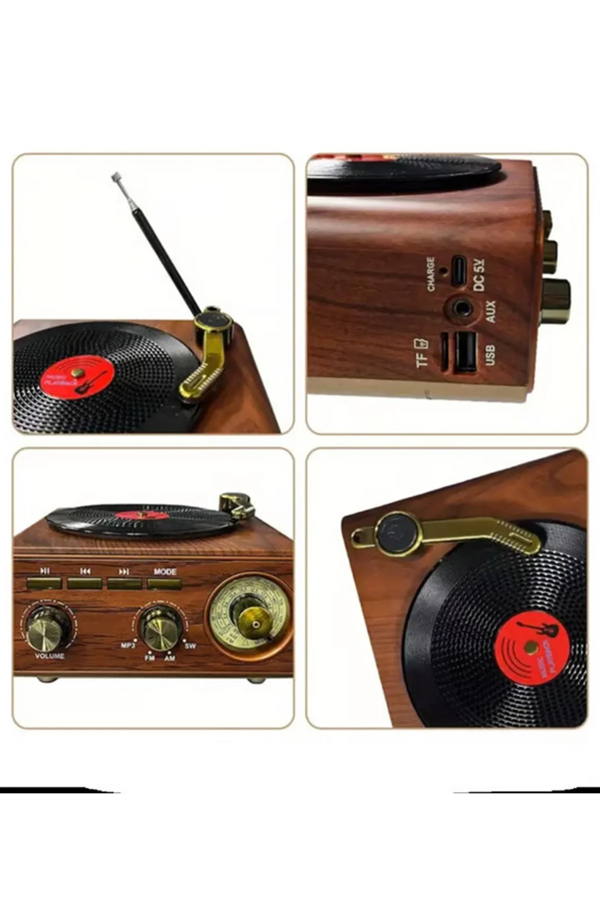 Nostaljik Tasarım Plak Çalar Görünümlü Radyolu Bluetooth Hoparlör Retro Müzik Plak görsel 4